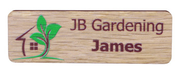 Printed wooden name badges - Real wood name badge with printed logo and text | www.namebadgesinternational.ie
